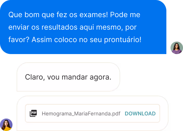 WhatsApp chat showing a conversation about sending medical exam results, including a PDF file named Hemograma_MariaFernanda.pdf with a Download link.