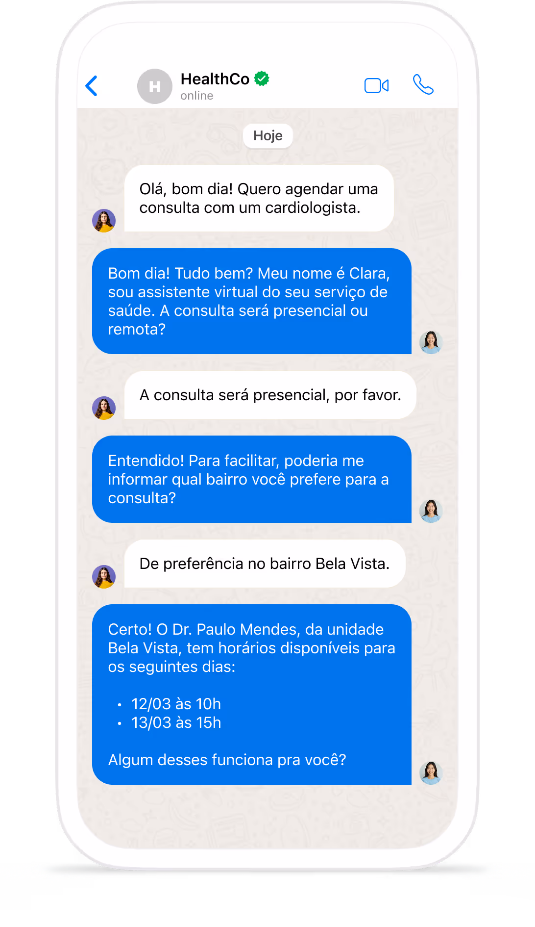 Simulação de paciente recebendo mensagem da plataforma Nilo no WhatsApp do seu celular